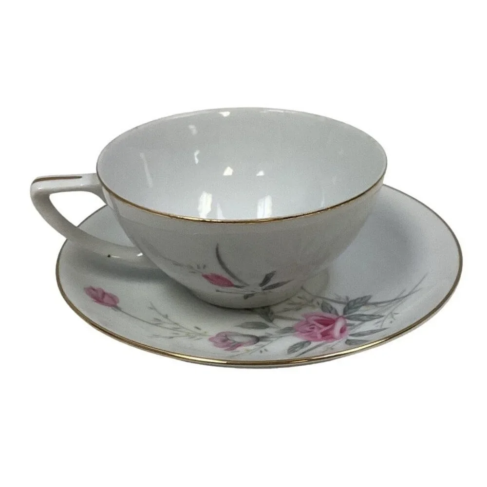 Vintage Golden Rose Flower Gold Rim Fine China Japan Teacup Saucer Set